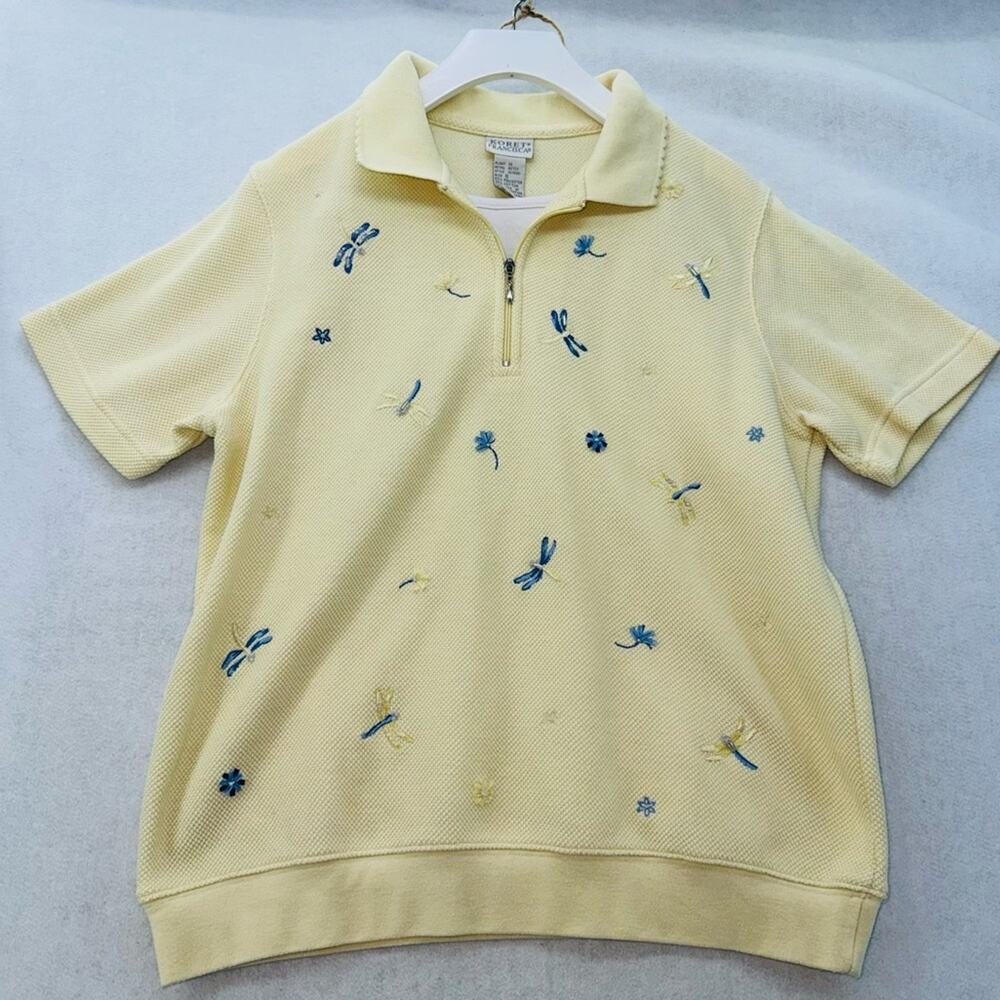 EUC Cottagecore Embroidered Short Sleeve Collared Shirt Yellow Small Dragonflies